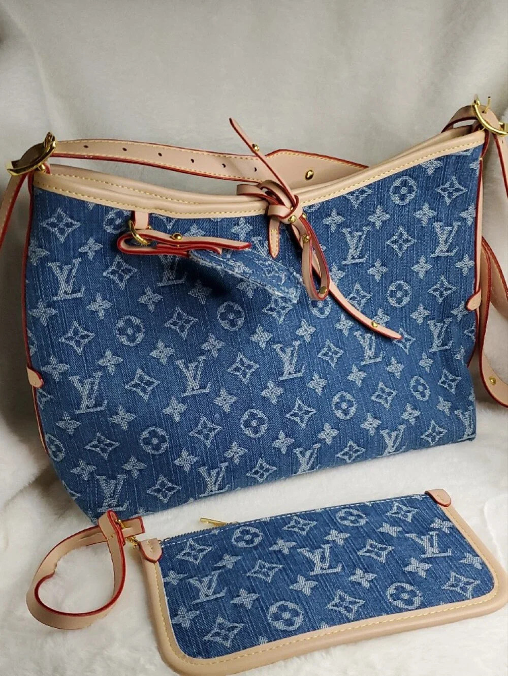 Blue Monogram Denim Shoulder Bag with Beige Trim